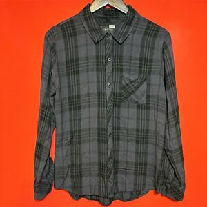 Rails Women's Plaid Button-Up Shirt Black Grey‎ Long Sleeve Size L